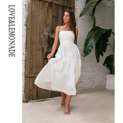 LOVE&LEMONADE Sexy White Suspenders Cross Hollow Back A-Line Beach Summer Midi Dress LM83567