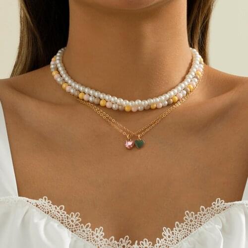 IngeSight.Z 4Pcs/Set Sweet Rhinestone Crystal Love Heart Pendant Necklaces Multi Layered Imitation Pearl Choker Necklace Jewelry