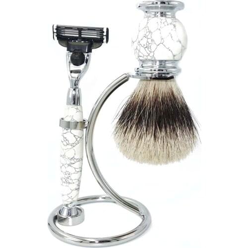 WLONG Pure Badger Hair Brush Set for Men Wet Shave with Natural White Picture Stone Handles and Silver Stand Holder