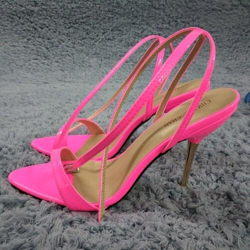 Sexy Pink Patent Sandals High Heel Slimmer Dress Party Women Sandals Summer New Open Toe Ankle Strap Stiletto 11cm Heel Shoes