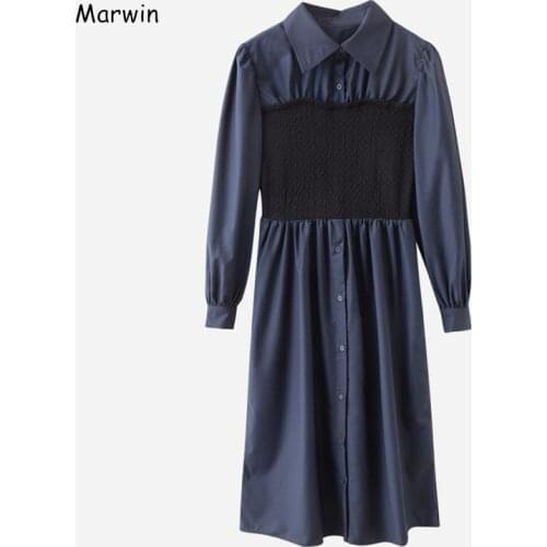 Marwin New-Coming Spring Loose Full Sleeve High Street Style Square Collar Mid-Calf Length Women Dresses