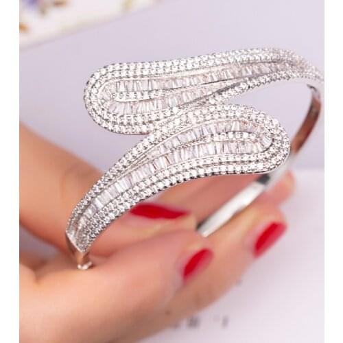 Luxury Leaf bracelet channel pave square Simulated Diamond Engagement bangles for Women wedding white Gold filled jewelry