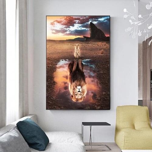 Modern Animal Art Reflection of Lion Canvas Paintings Posters and Prints Wall Art Pictures for Living Room Decor