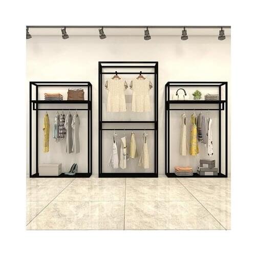 Clothing store display rack double hanger mens and womens clothing store shelf iron art display rack midisland shelving