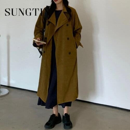 Sungtin 2021 Winter Vintage Oversized Trench Coat for Women with Belt Korean Lapel Loose Windbreaker Fashion Solid Causal Coat