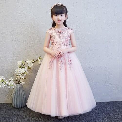 High Quality Girl Wedding Dress Pink Lace Beaded Appliques Party Princess Birthday Dress Long Flower Girl First Communion Gown