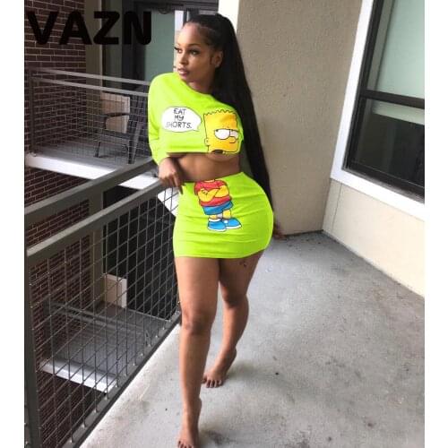 VAZN High street 2020 summer sexy lady 5 colors 2-piece short set full sleeve O-neck short tees mini skirts set young sexy sets
