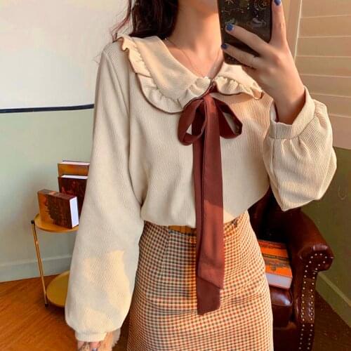 Deeptown Corduroy Kawaii Shirts Women Bow Peter Pan Collar Blouse for Teen Autumn 2021 Uniform Long Sleeve Button Up Clothes