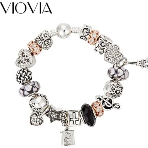 VIOVIA Brand Owl Charms Bracelets for Women Crystal Heart Beads Bracelets & Bangles Diy Jewelry For Women Gift B17052