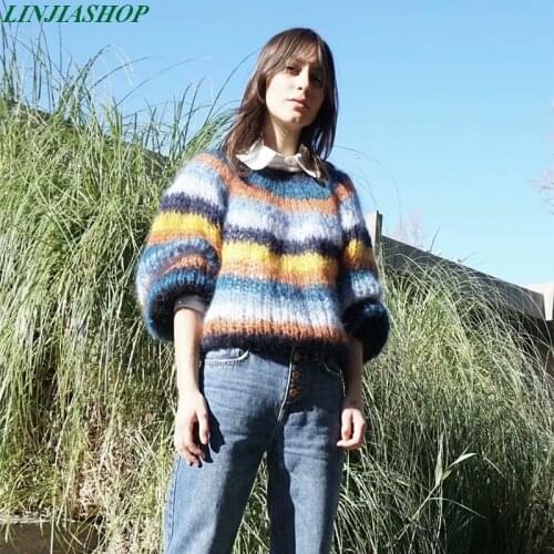 Handmade patchwork knitted mohair christmas sweaters winter women pollovers female autumn loose lady coat