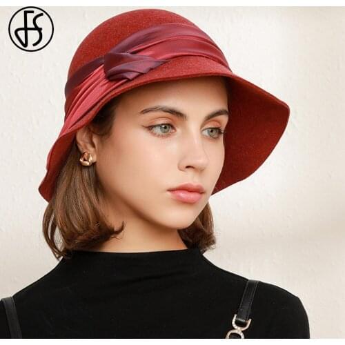 FS 2021 Lady Wool Felt Dome Fedora Hats For Women Autumn Winter Church Cloche Derby Hat Wavy Fedoras Bowler Cap With Ribbon