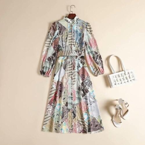 Womens European and American wear 2021 winter new style Long-sleeved stand-up collar retro print Fashion belt dress
