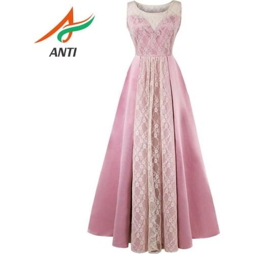 ANTI Pink Priincess Long Evening Dresses With Sleeveless Woman O-Neck Vintage Satin Vestido De Festa Longo Robe De Soiree LM285
