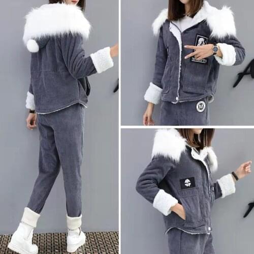 Winter Thick Plus Lambswool 2 Piece Suit Women Corduroy Casual Hooded Fur Collar Coat + Letter Patch Trouser Soft Warm Set 2021