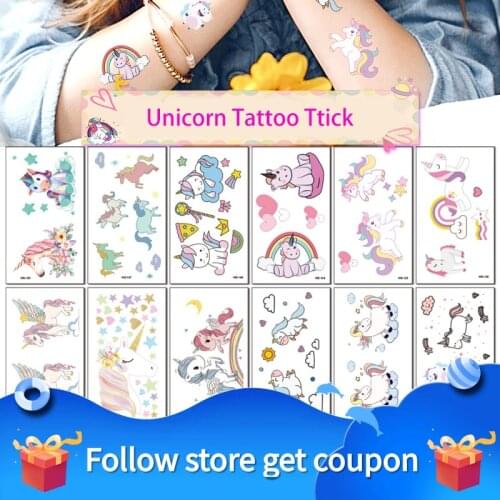 10PCS 105✖60mm Unicorn Childrens Tattoo Stickers Temporary Waterproof Sweatproof Cartoon Decorate Body Art Cute Girl Gift Kid