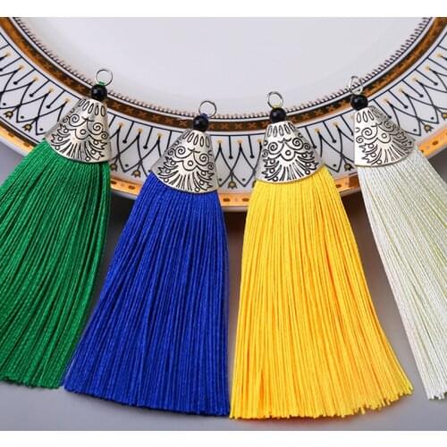 10pcs/lot Bohemia Polyester Alloy Cap Earring Tassels With Hoop 9cm Female Ornament Dangle Tassel Pendants Diy Jewelry Findings