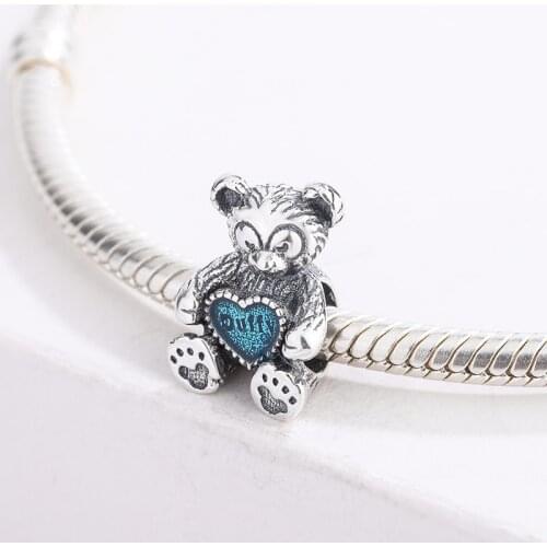 925 Sterling Silver Cartoon Animal Bear Blue Enamel Heart Pendant Charm Bracelet DIY Jewelry Making For Original Pandora