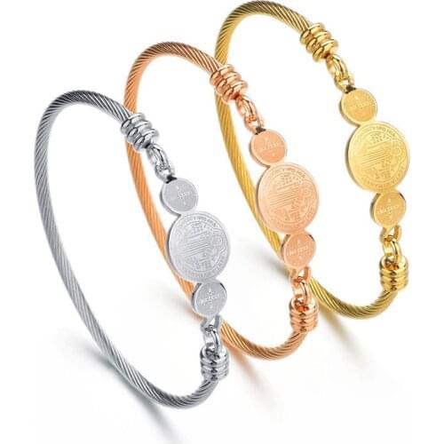 Round Coin Religious Christian Jesus Cross Bangle Bracelets Women Stainless Steel Bracelet Bangle Gold Silver color Jewelry Gift