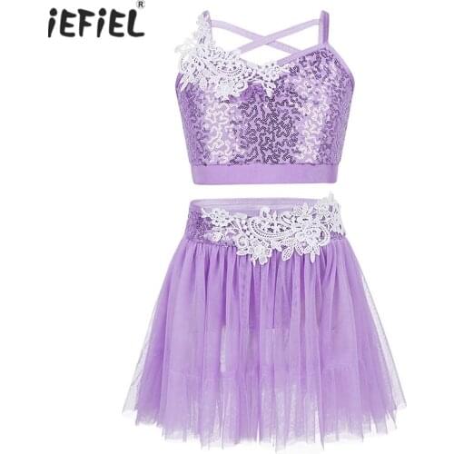 Kids Girls Figure Roller Skating Baton Twirling Dance Costume Outfit Spaghetti Shoulder Straps Sequined Crop Top with Tutu Skirt