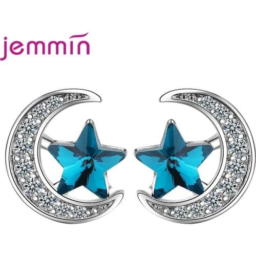 Women 925 Sterling Silver Stud Earrings Korean Cubic Zircon New Design Star Moon Party Piercing Earing Gift Jewelry