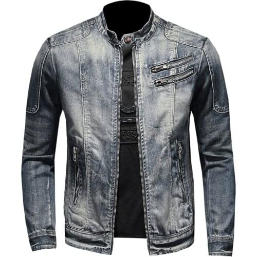 Denim Jackets Men Light Blue Casual Denim Coat Standing Collar Long Sleeve Denim Bomber Jacket Retro Motorcycle Men Jacket Coats