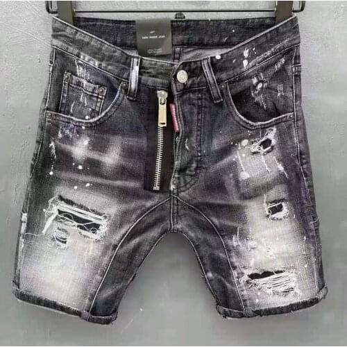 Black colors Dsquared2 Mens Denim Shorts Fashion Washed Broken Holes Three-Dimensional Cut Ink-Splashed BIKER Shorts big size
