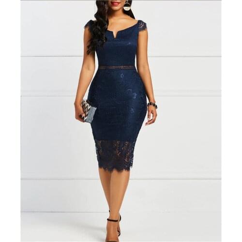European Style Women Summer Elegant Solid Office Lady Sheath Bodycon Dress Vintage Sexy V-neck Lace Patchwork Slim Dress