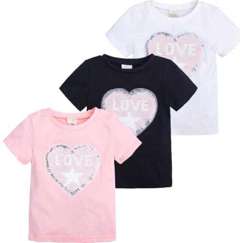 Elvesnest Kids Girls T-shirts Sequin Love Kids T Shirt Girl Clothes Cotton Short Sleeve Children Tops Children Clothes