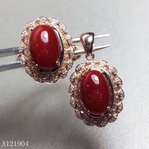 KJJEAXCMY boutique jewels 925 sterling silver inlaid natural ancestral red coral gemstone female ring + pendant set support test