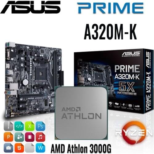 Asus PRIME A320M-K A320 With Athlon 3000G Motherboard Combo PCI-E 3.0 DDR4 32GB Micro ATX Motherboard Set Placa-mãe Kit New