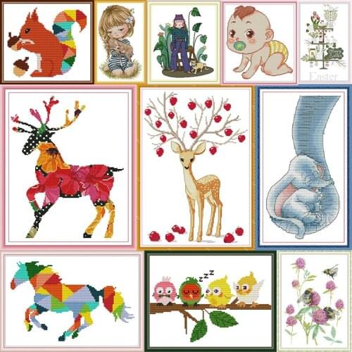 Rainbow Horse Needlework DIY Cross Stitch Set 14CT 11CT Printed Canvas Squirrel Cross Stitch Sets for Embroidery Kit Hand Crafts