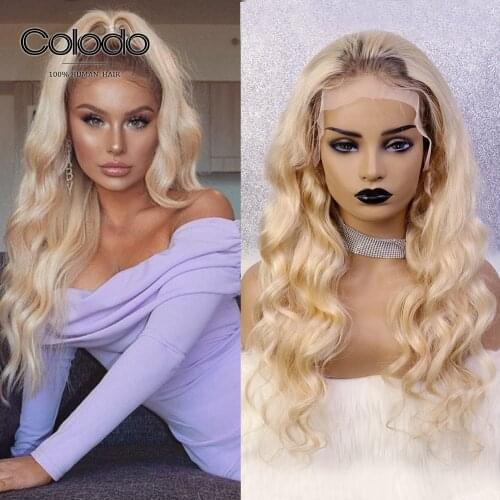 COLODO Platinum Blonde 13x4 Lace Front Wig Remy Hair Pre Plucked Ombre Human Hair Wig Glueless Transparent Lace Wigs for Women