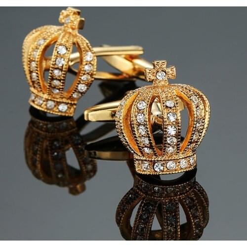 High quality golden crown Cufflinks new fashion jewelry brand crystal Cufflinks mens wedding shirt clothing badge pin gift