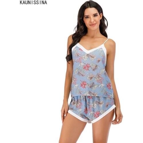 Women Summer Pajama Sexy Sleepwear V Neck Sleeveless Flower Print Cami Tops Shorts Sets Female Nighties Pajamas Nightwear Suit