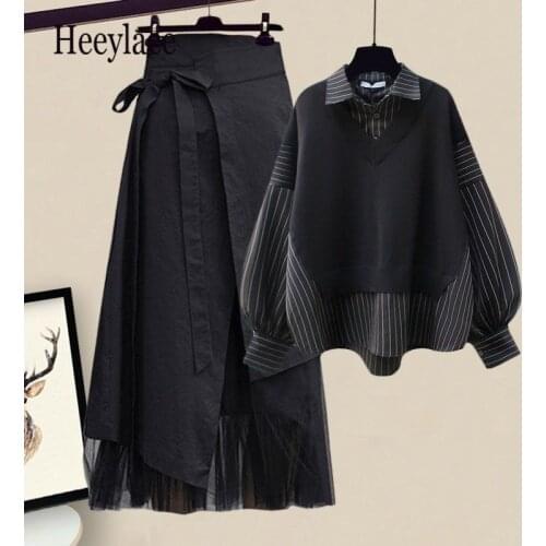 Plus Size Women 2021 Winter Patchwork Long Sleeve Tops + Asymmetric Skirt 2 Piece Suit Female Party Elegant Casual Two Piece Set