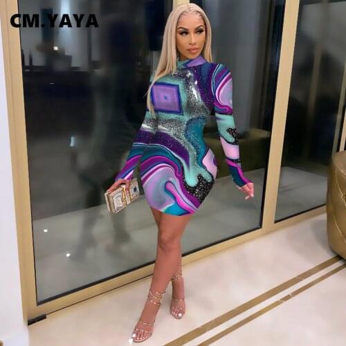 CM.YAYA Women Geometric Wave Print Long Sleeve Turtleneck Bodycon Midi Dress Sexy Club Party Pencil Mini Dresses 2021 New