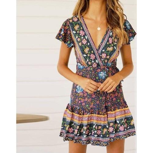 Fashion Womens 2021 New Short-Sleeved French Style Wrap Dress Printed Pleated Dresses Female V-Neck Sexy Vestidos Wholesale