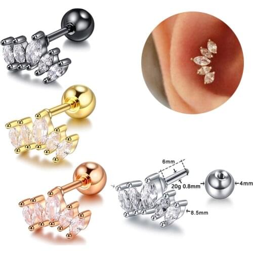 2Pcs 100% Surgical Steel Piercing Cz Crown Tragus Stud Conch Piercing Helix Cartilage Earring Crystal Piercing Ear Jewelry