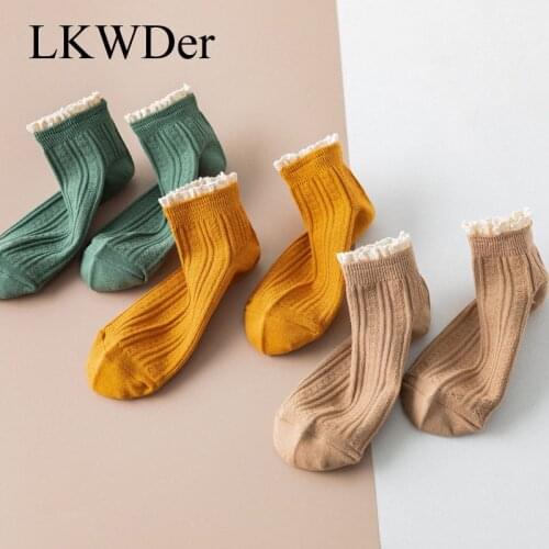 LKWDer 4 Pairs Fashion Lace Ruffles Soft Cotton Women Socks Pure Color Spring Summer Cute Sweet Princess Girl Cozy Frilled Socks