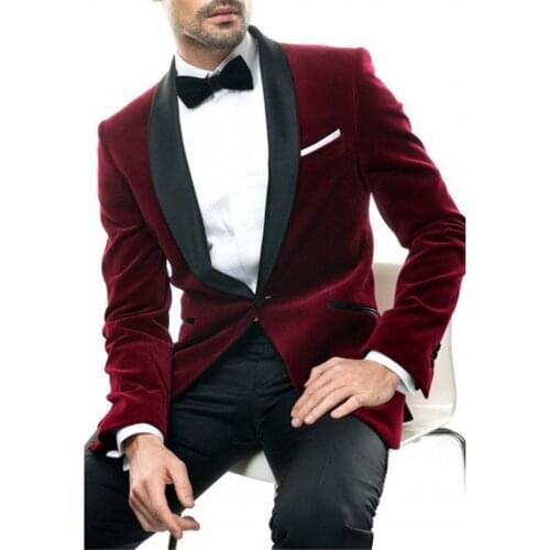 Burgundy velvet slim fit Men Suit Black Shawl Lapel Blazer One Button Two Piece Wedding Groom mens suits Tuxedo (Pants+Jacket)