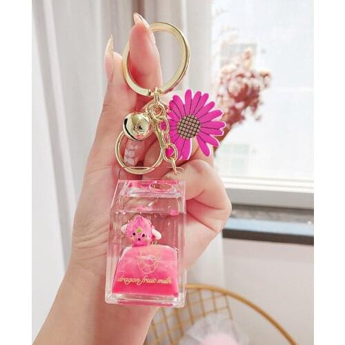 Cute Bubble Tea Cup Keychain Daisy Sukura Liquid Quicksand Sequin Key Ring Charm Bag Car Pendant Key Chain for Women Men Kids