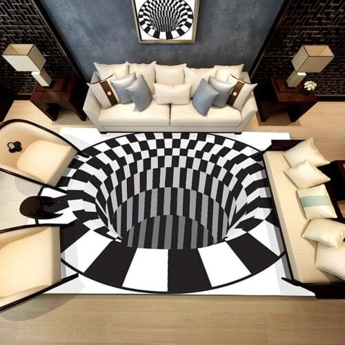 Home Decoration Living Room Hallway Rugs Black White Grid Print 3D Illusion Vortex Bottomless Hole Floor Carpet Antiskid Mat