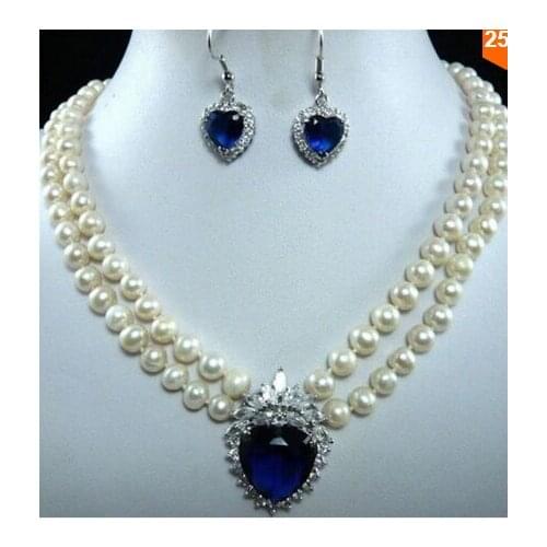 2 row Freshwater white 7-8MM pearl necklace & heart pendant necklace earing set