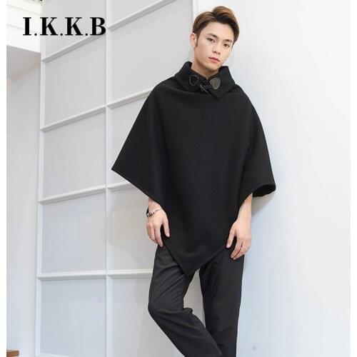 Autumn and winter mid length tweed jacket Korean version loose and slim mens Cape Cape high collar Lapel personality