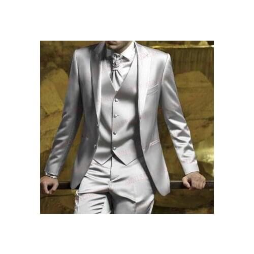 Trendy New Vogue Italian Silver Men Suits Satin Slim Fit Formal Groom Prom Dress Tuxedo Custom Male Coat Blazer Pants Set