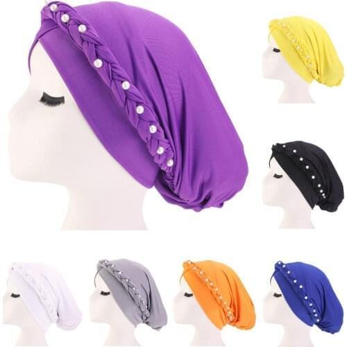 Muslim Women Braid Baggy Hat Beanie Headscarf Chemo Cancer Caps Hijab Beanie Skullies Beading Hair Loss Hat Islamic Arab Hats