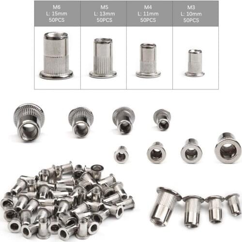 200PCS Rivet Nut Assortment Kit M3/M4/M5/M6 Stainless Steel Rivet Nuts Flat Head