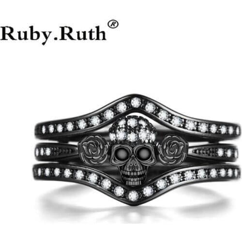 Skull Roses Ring Set Zircon Crystal Black Fashion Wedding Jewelry Gift Rings Dropshipping