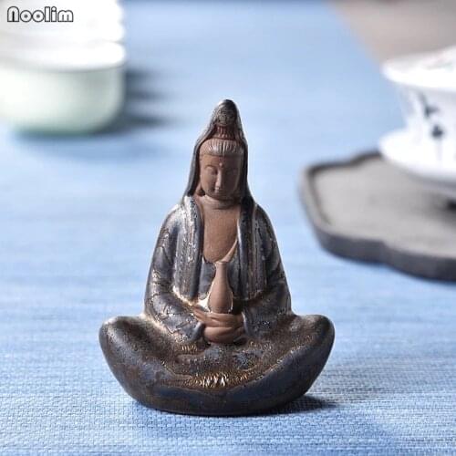 NOOLIM Ceramic Small Guanyin Tea Pet Zen Buddha Statue Car Ornaments Creative Home Decoration Accessories Tea Ceremony