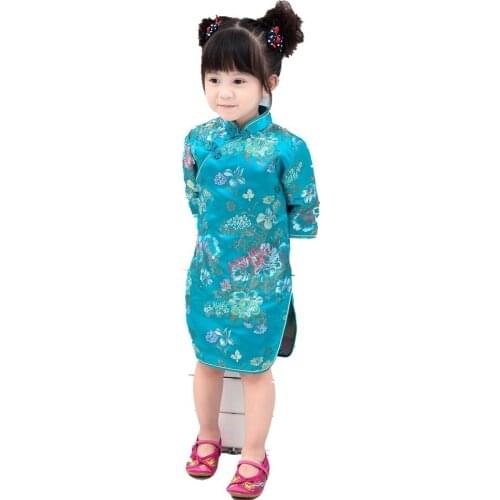 2019 New Summer Three Quarter Kid Qipao Girls Dress Cheongsams Flower Traditional Chinese Style Clothing